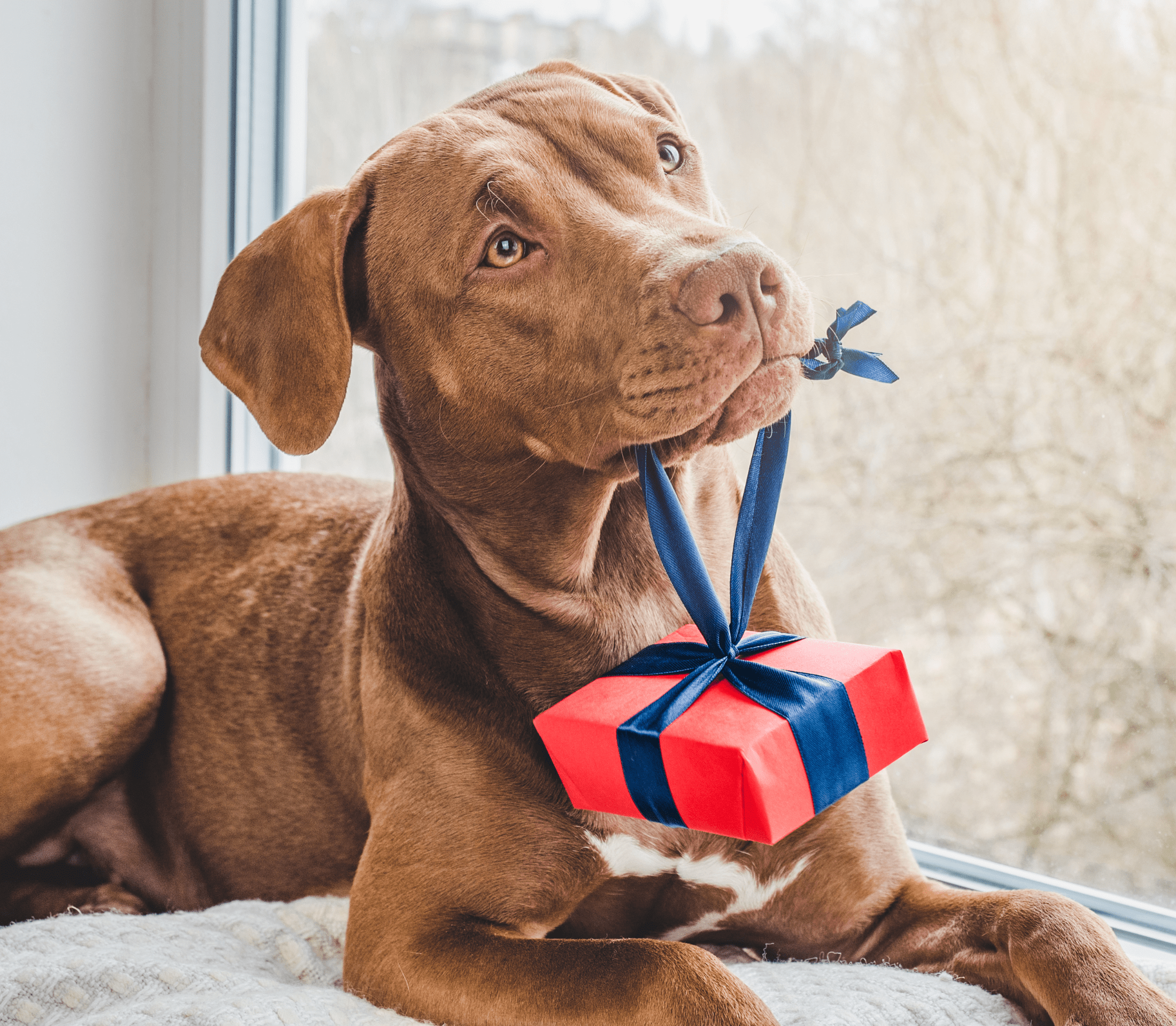 Brown adult dog biting on a blue ribbon with a red gift