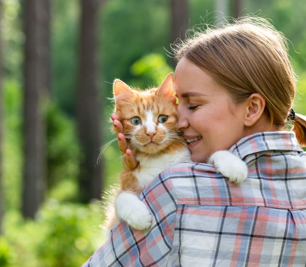 Ginger cat with a lady wearing checkered shirt